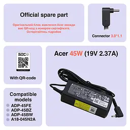 Блок живлення (зарядка) для ноутбука Acer Delta ADP-45FE 45W (19V 2,37А 3,0x1,1мм) KP.04501.017, 45W, 2.37A, 3,0ммx1,1мм - мініатюра 2