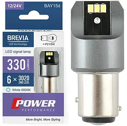 LED автолампа Brevia Power 12/24V P27/7W 6x3020SMD 330Lm 6000K CANbus BAY15d 2 шт (10103X2)