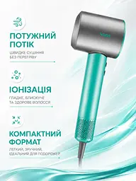 Фен для волосся 1400 Вт з іонізацією, безщітковим двигуном і магнітними насадками бірюзово-сірий (49676168) - мініатюра 2