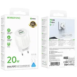 МЗП Borofone BA93A Lustrous PD20W+QC3.0 (1USB-A/1C) + кабель Type-C to Type-C White - мініатюра 5