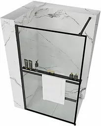 Душова стінка Rea Bler 110 black з полицею Evo REA-K7630 + HOM-00652, прозорий, Черный матовый