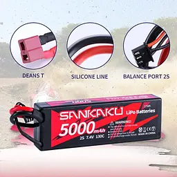 Акумулятор SANKAKU 130C 5000 мАг Lipo 2S 7,4 В, жорсткий, з роз'ємом Deans T для радіокерованих баггі, автомобілів, вантажівок - мініатюра 4