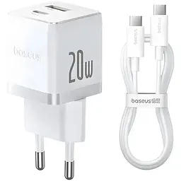 Зарядний пристрій Baseus 1xUSB-C 20W + 1xUSB white + cable USB-C to USB-C 60W 1.0m (P10111608213-01)