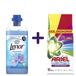 Набір: Кондиціонер для білизни Lenor Пробудження весни 71 цикл прання 1.491 л + Пральний порошок Ariel Аква-Пудра Color Яскраві кольори 8.1 кг