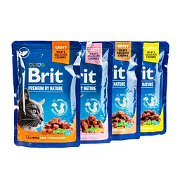 Вологий корм Brit Premium Cat Набір павучів сімейна тарілка для стерилізованих кішок, асорті 4 смаки, 100 г х 12 шт. - мініатюра 7