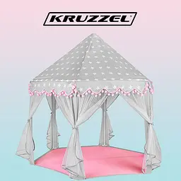Ігровий дитячий намет-шатер Kruzzel 8772 (23476) — сірий з рожевим, великий з помпонами та шторами, 123×123×140 см - мініатюра 3