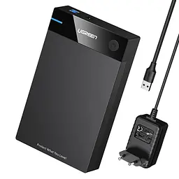 Зовнішній корпус для HDD/SSD UGREEN US222 3,5″ та 2,5″ бокс для накопичувачів SATA III підключення до ПК через USB 3.0 Type-B до 5 Гбіт/с для дисків до 16 ТБ висота диска 3,5″ до 26 мм та 2,5″ до 9,5 мм з підтримкою UASP з кнопкою ввімкнення та вимкнення з автоматичним режимом сну зі світлодіодним індикатором роботи встановлення диска без інструментів з адаптером живлення в комплекті з кабелем USB-A ↔ USB-B 3.0 довжиною 1 м чорний із синім акцентом (50422)