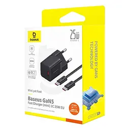 Мережевий зарядний пристрій Baseus GaN5 Fast Charger (mini) 1C 25W EU Cable Type-C to Type-C 1m чорний P10110909113-01 - мініатюра 5