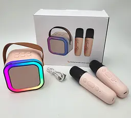 Дитяче міні караоке портативна Bluetooth колонка з 2 бездротовими мікрофонами та LED RGB підсвічуванням функція зміни голосу UKC K12 рожевий - мініатюра 2