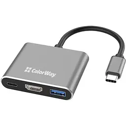 Хаб Usb ColorWay 3-in-1, Grey, Type-C 3.0 - 1xType-C 3.0 (100 Вт) / 1xUsb 3.0 / HDMI 4K, кабель 17 см, алюмінієвий корпус