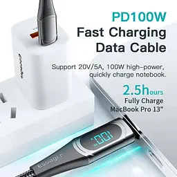 Кабель Essager USB Type-C to Type-C 100W з дисплеєм швидка зарядка 20V 5A - мініатюра 3