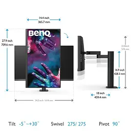 Монітор TFT 27" BenQ PD2705UA, IPS, 4K UHD, 99% sRGB, HDMI, DP, USB-C, USB-hub, HAS, колонки, темно-сірий (9H.LKDLA.TPE) - мініатюра 2