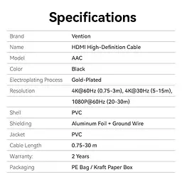 Кабель Vention HDMI-HDMI V 2.0 15 м (AACBN) - мініатюра 3