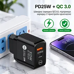 Зарядний пристрій XON PowerCharge 25W (PD25) USB Type-C (PCWC025025A1С1B 6129) Чорний - мініатюра 4
