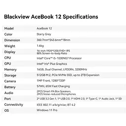 Ноутбук Blackview Acebook 12,i5-1030NG7,16GB+512GB,Windows 11 Pro,+,36GHz,HDMI 2.0,Bluetooth,USB 3.0 - мініатюра 10