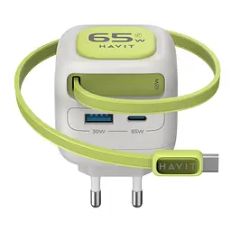 Зарядний пристрій HAVIT UC253 GaN 65W USB-A+USB-C +Кабель USB-C Gray/Green HAVIT (29277-000) - мініатюра 3