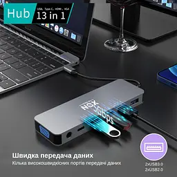 USB-хаб XON SmartHub 13 в 1 (Ethernet, VGA, 2xHDMI, 3.5 Audio, SD/TF, 2xType-C, 2xUSB3.0, 2xUSB2.0) Сірий (XUCHP134322G 5290) - мініатюра 7