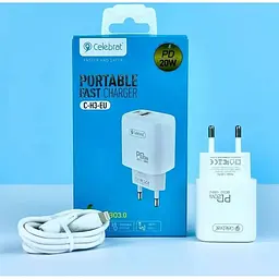 Зарядний пристрій Celebrat C-H3 Type C + USB QC3.0 20W Charger White + Lightning Cable - мініатюра 2