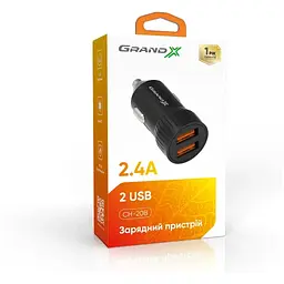 Зарядний пристрій Grand-X 1xUSB 2.4A car adapter black (CH-20B) - мініатюра 2