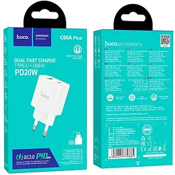 Мережевий зарядний пристрій Hoco C80A Plus USB-A/USB-C 20W White (779885) [124885] - мініатюра 6
