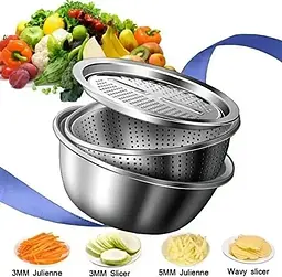 Кухонний набір Metal Basket Cutter багатофункціональний, з неіржавкої сталі миска, друшляк і тертка 3 в 1 - мініатюра 4