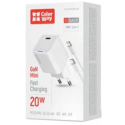 Зарядний пристрій ColorWay C101D GaN Mini 20 Вт PD PPS USB-C + кабель USB-C — Lightning білий (CW-CHS059PDL-WT) - мініатюра 7