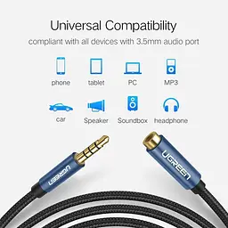 AUX 3.5mm подовжувач Ugreen AV118 аудіо кабель, 4-pin, 1.5м Чорний з синім - мініатюра 5