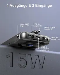 Повербанк 10000 мАг, USB-C Вхід та вихід з кабелем, функція швидкого заряджання - мініатюра 5