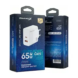 Зарядний пристрій Grand-X GaN 1xUSB-C + 1xUSB 65W PD3.0 QC4.0 AFC SCP FCP white (CH-960W) - мініатюра 7