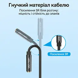 Аудіокабель-розгалужувач для ПК Vention 1,5 м спліттер 4-полюсне гніздо 3,5 мм для гарнітури та 2 штекери 3,5 мм для підключення до окремих роз’ємів виходу навушників і входу мікрофона ПК сумісний з OMTP та не підтримує CTIA регульоване розгалуження кабелю чорний (BBTBG) - мініатюра 8