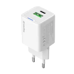 Мережевий зарядний пристрій ColorWay, White, 20 Вт, GaN Mini, 1xType-C (20 Вт, PD3.0) / 1xUSB (20 Вт, QC4.0), Auto ID, кабель Type-C - Type-C 1 м (CW-CHS062PD-WT)