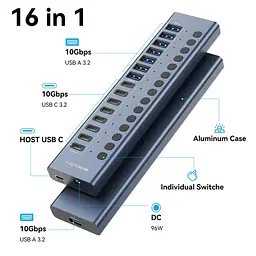 USB hub Acasis HB16 Pro на 16 портів — 8 USB-A та 8 USB-C USB 3.2 з живленням 96W (Сірий) - мініатюра 6