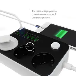 Мережевий фільтр-подовжувач ColorWay CW-CHЕ36B 3 розетки / 6USB 1.8 м Black - мініатюра 6
