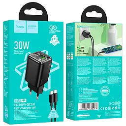 МЗП Hoco N53 Monsoon PD30W+QC3.0 (1USB-A/1C) + кабель Type-C to Type-C Black - мініатюра 5