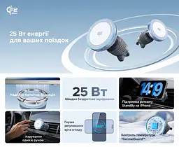 Магнітний автотримач із бездротовим заряджанням UGREEN W758 Qi2 до 25 Вт для iPhone 16/17 з iOS 26+ до 15 Вт для iPhone 12–15 вхід USB-C потрібні окремий адаптер для прикурювача від 45 Вт і кабель від 60 Вт кріплення на прямі горизонтальні/вертикальні ламелі решітки обертання 360° iPhone StandBy контроль температури захисне вимкнення при сторонніх предметах кабель USB-C ↔ USB-C 1 м у комплекті сріблясто-сірий із синім акцентом і темно-сірим кріпленням (55967) - мініатюра 2