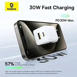 МЗП Baseus Palm Fast Charger Type-C+USB 30W с Cable Type-C to Type-C 60W 20V/3A 1m P1011160A213-01 White - мініатюра 5