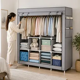 Сіра Тканинна шафа для зберігання речей з металевим каркасом AND 28170 / Шафа-органайзер для одягу та взуття 88170-2 170х45х170см - мініатюра 3