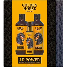 Набір для всіх типів волосся Golden Pharm Golden Horsе 4D Power Шампунь 400 мл + Маска-кондиціонер 400 мл + Олія з кератином Рідкий шовк 100 мл