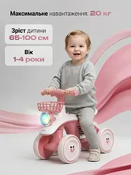 Біговел 4-колісний з безшумними колесами кошиком музикою та LED-фарою 60х47 см для дітей 1-4 років Рожевий (36552376) - мініатюра 5