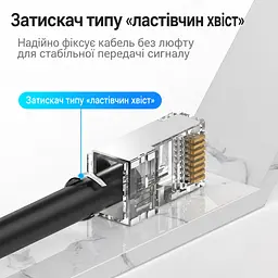 Екрановані мережеві штекери Vention 10 шт. RJ45 Cat.7 FTP 10 Гбіт/с для провідників 23–26 AWG отвори для окремих жил 1,5 мм для одножильних і багатожильних проводів з окремим тримачем жил з позолоченими контактами із затискачем кабелю «ластівчин хвіст» тризубчасті контакти для монтажу потрібен обтискний інструмент для екранованих штекерів із хвостовим затискачем прозорі (IDER0-10) - мініатюра 6