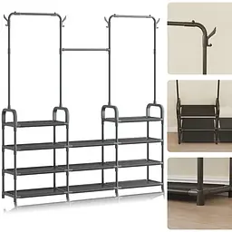 Стійка-вішалка для одягу та взуття Model1BLACK - 164×137×26 см, 11полок, 4гачки, підлогова, нержавіюча сталь - мініатюра 3