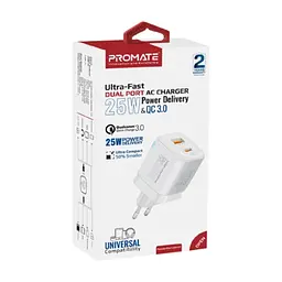 Зарядний пристрій Promate USBC PD25W + USBA QC3.0 18W White (powerport-25ac.white) - мініатюра 10