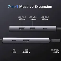 Док-станція USB3.1 Type-C --> HDMI 4K30Hz/USB 3.0x2/Type-C/SD/TF/ PD 100W CM498 7 in 1 Ugreen - мініатюра 6