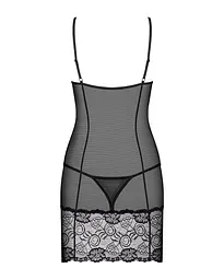 Сорочка Obsessive Alluria chemise & thong, L/XL, чорна, мереживо+мікросітка, стрінги в комплекті - мініатюра 4