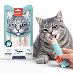 Рідкі ласощі для котів Wanpy Creamy Lickable Treats Tuna & Codfish тунець з тріскою 5х14 г - мініатюра 2