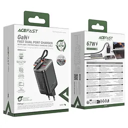 Мережевий зарядний пристрій з кабелем ACEFAST A111 PD67W GaN charger(2*USB-C+USB-A) with retractable cable Black (6974316284062) - мініатюра 2