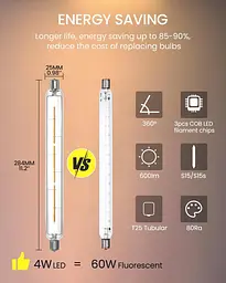 Bonlux 4W S15s Світлодіодні лампи 284 мм Теплий білий 2800K 60W S15 Заміна лампи S15s Fitting Lamp T25 Трубчаста прозора - мініатюра 2