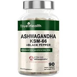 Ашваганда з чорним перцем True Health Ashwagandha KSM-66 + Black Piperine, 90 вегакапсул для боротьби зі стресом - мініатюра 1