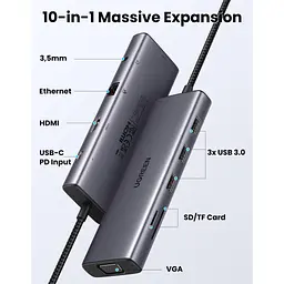 Концентратор Ugreen USB3.1 Type-C to HDMI/VGA/USB 3.0х3/RJ45/SD/TF/PD/35мм TRRS 100W 10-in-1 (15601) - мініатюра 3