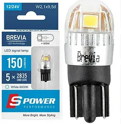 LED автолампа Brevia Spower 12/24V W5W 5x2835SMD 150Lm 6000K CANbus W2,1x9,5d 2 шт (10208X2)